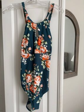 Cupshe Teal Floral One-Piece Swimsuit with Orange Roses and Scallop Detail